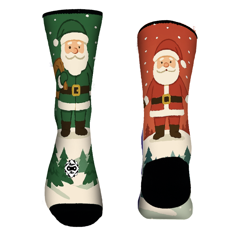 Calcetines deportivos navideños con Papá Noel en verde y rojo sobre paisaje nevado